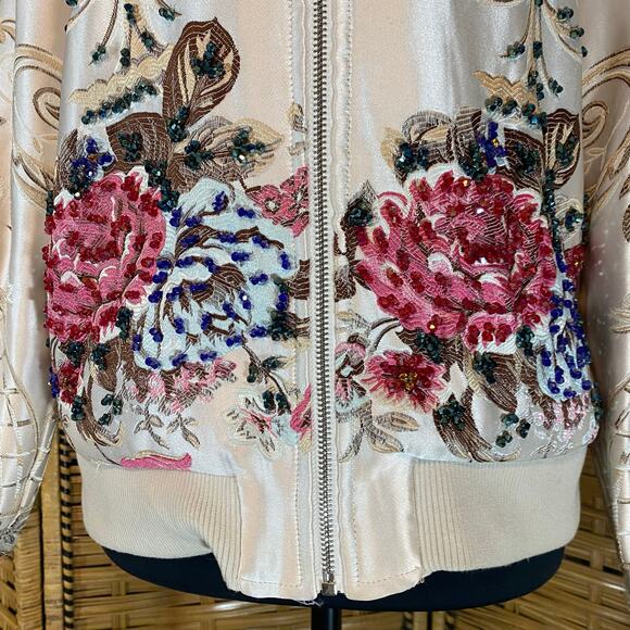 OO LALA Satin Floral Embroidered Bomber Jacket Beaded Medium Statement - Picture 9 of 10